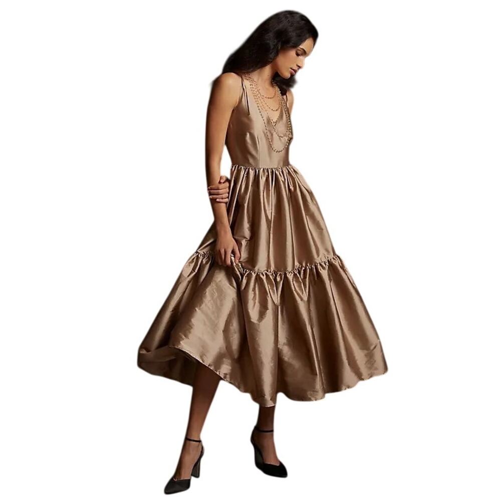 Anthropologie Bloni Tiered V-Neck Maxi Dress Bronze Metallic Size Medium Petite